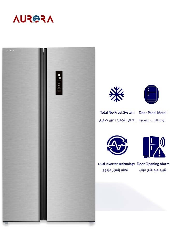 اورورا ثلاجة جنبًا إلى جنب بسعة 612 لترًا (21.6 قدم مكعب) مع ضمان 7 سنوات على الضاغط، ونظام منع تكوّن الثلج بتحكم كهربائي، وإضاءة LED، و5 أرفف للثلاجة و5 أرفف للفريزر، وتصنيف طاقة D، وتصميم داخلي أزرق أنيق، وتشطيب من الفولاذ المقاوم للصدأ | اسم الموديل: AR-840SNFT - Image 4